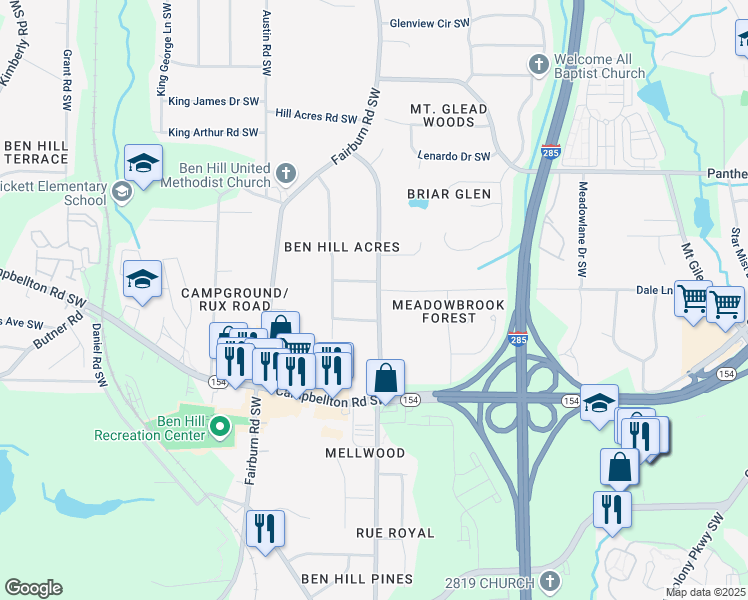 map of restaurants, bars, coffee shops, grocery stores, and more near 2263 Barge Road Southwest in Atlanta