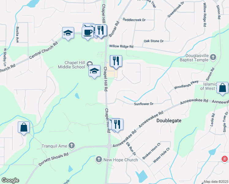 map of restaurants, bars, coffee shops, grocery stores, and more near 4352 Treeline Way in Douglasville