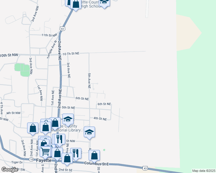 map of restaurants, bars, coffee shops, grocery stores, and more near 701-709 7th Street Northeast in Fayette