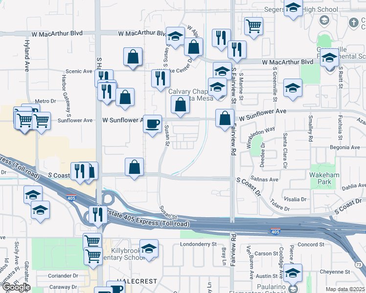 map of restaurants, bars, coffee shops, grocery stores, and more near 3352 Via Parma in Costa Mesa