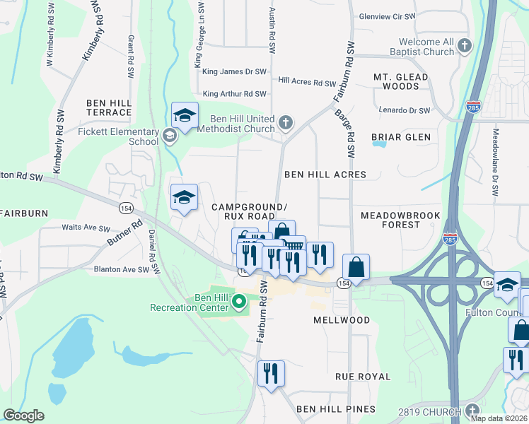 map of restaurants, bars, coffee shops, grocery stores, and more near 2241 Fairburn Road Southwest in Atlanta