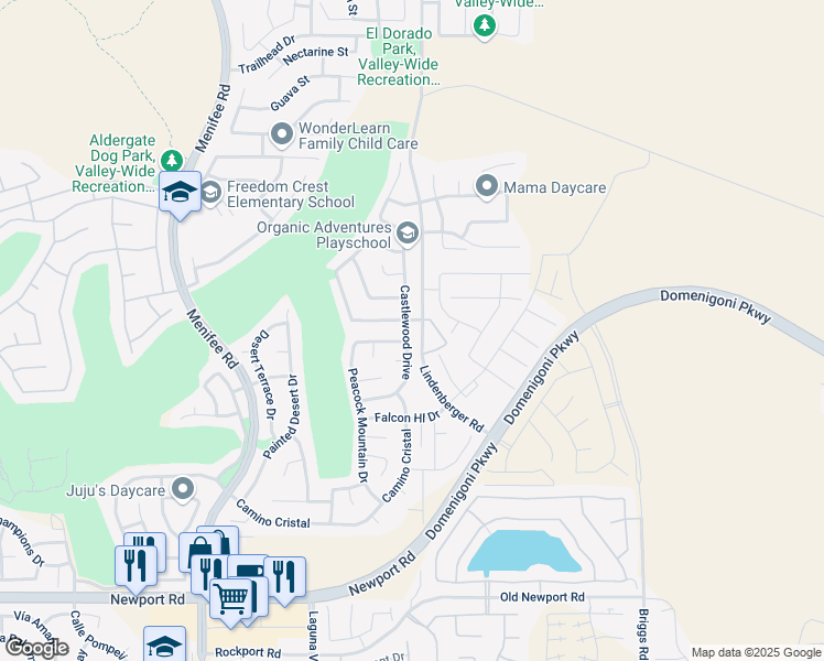 map of restaurants, bars, coffee shops, grocery stores, and more near 29396 Castlewood Drive in Menifee
