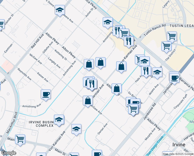 map of restaurants, bars, coffee shops, grocery stores, and more near 231 Steely in Irvine