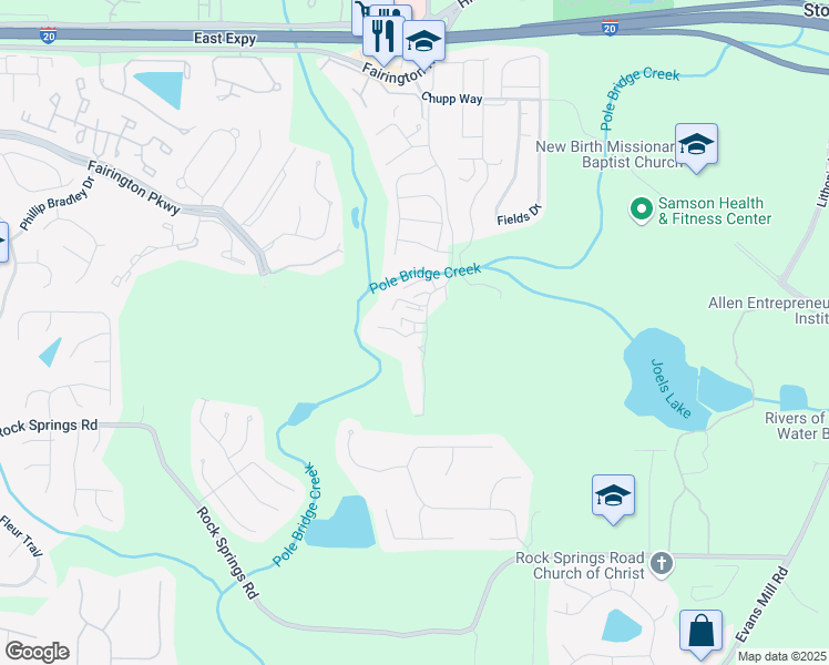 map of restaurants, bars, coffee shops, grocery stores, and more near 5796 Par Four Court in Stonecrest