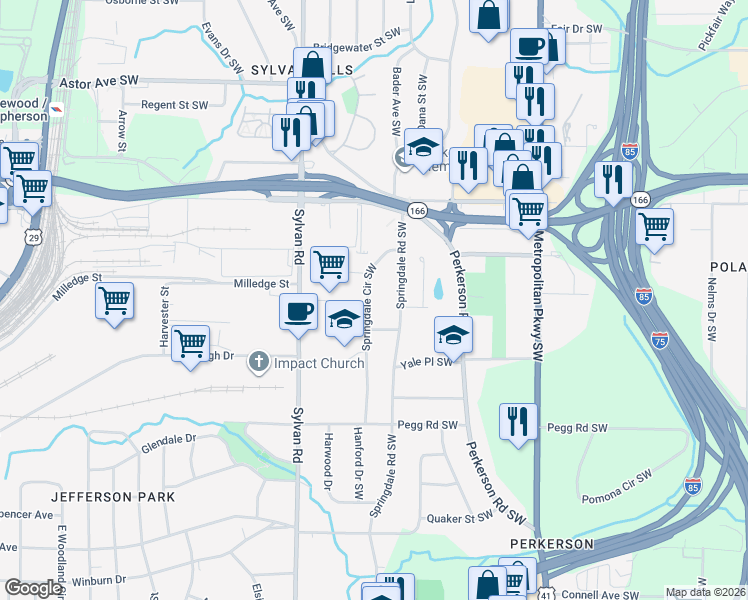 map of restaurants, bars, coffee shops, grocery stores, and more near 2246 Springdale Circle Southwest in Atlanta