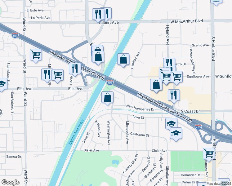 map of restaurants, bars, coffee shops, grocery stores, and more near 3363 Nevada Avenue in Costa Mesa