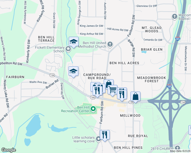 map of restaurants, bars, coffee shops, grocery stores, and more near 2224 Camp Ground Road Southwest in Atlanta