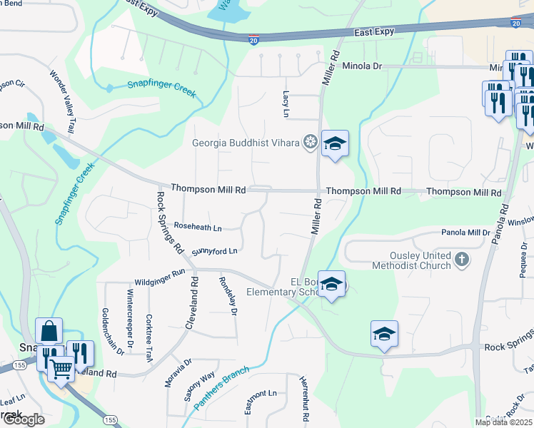 map of restaurants, bars, coffee shops, grocery stores, and more near 3115 Oxbridge Way in Stonecrest