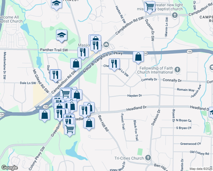 map of restaurants, bars, coffee shops, grocery stores, and more near 2253 Bonnybrook Way Southwest in Atlanta