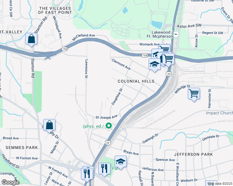 map of restaurants, bars, coffee shops, grocery stores, and more near 2266 Dauphine Street in East Point