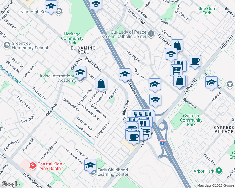 map of restaurants, bars, coffee shops, grocery stores, and more near 41 Golden Glen Street in Irvine