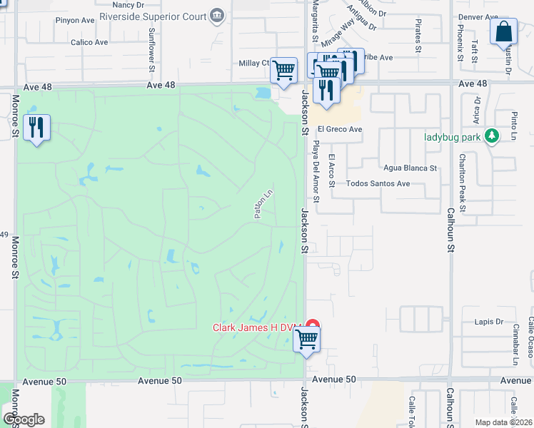 map of restaurants, bars, coffee shops, grocery stores, and more near 82737 Ryan Way in Indio