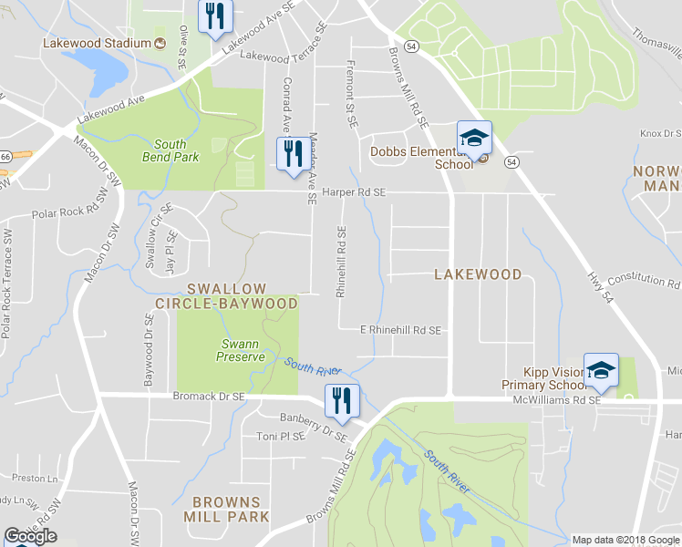 map of restaurants, bars, coffee shops, grocery stores, and more near Rhinehill Road Southeast in Atlanta