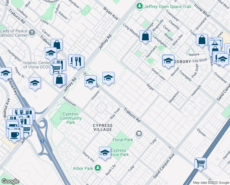 map of restaurants, bars, coffee shops, grocery stores, and more near 25 Sanctuary in Irvine