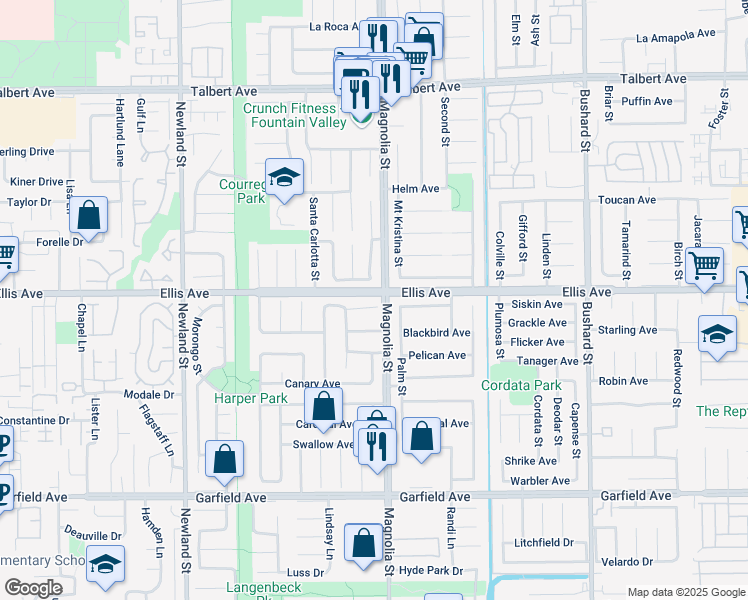 map of restaurants, bars, coffee shops, grocery stores, and more near 8973 Wren Circle in Fountain Valley