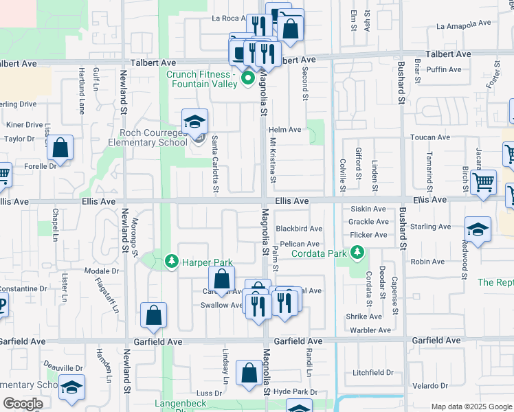 map of restaurants, bars, coffee shops, grocery stores, and more near 8973 Wren Circle in Fountain Valley