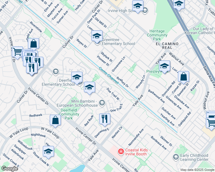 map of restaurants, bars, coffee shops, grocery stores, and more near in Irvine