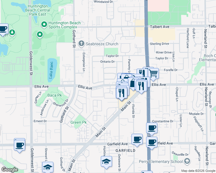 map of restaurants, bars, coffee shops, grocery stores, and more near 7658 Ellis Avenue in Huntington Beach