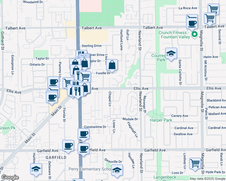 map of restaurants, bars, coffee shops, grocery stores, and more near 18507 Pueblo Circle in Huntington Beach