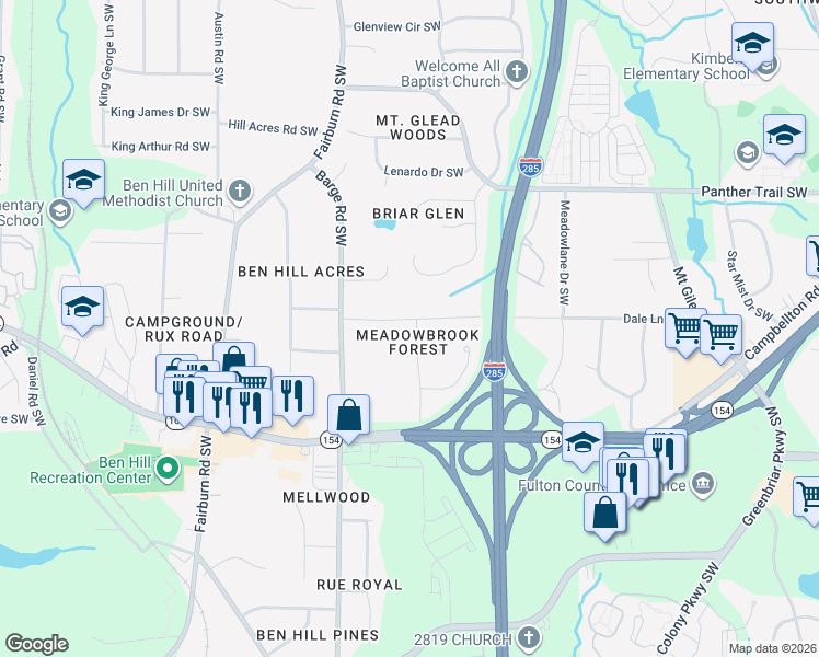 map of restaurants, bars, coffee shops, grocery stores, and more near 3511 Dale Lane Southwest in Atlanta
