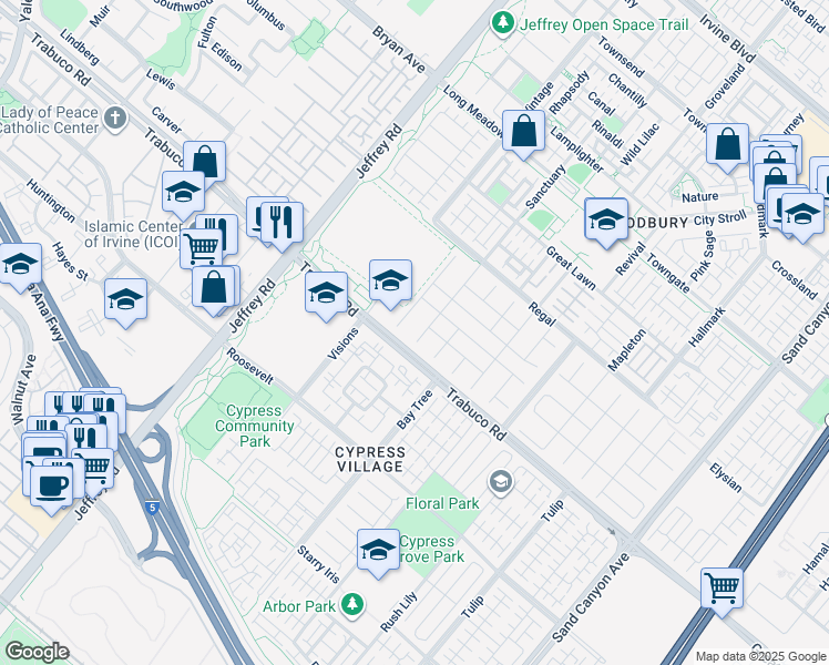 map of restaurants, bars, coffee shops, grocery stores, and more near 25 Sanctuary in Irvine
