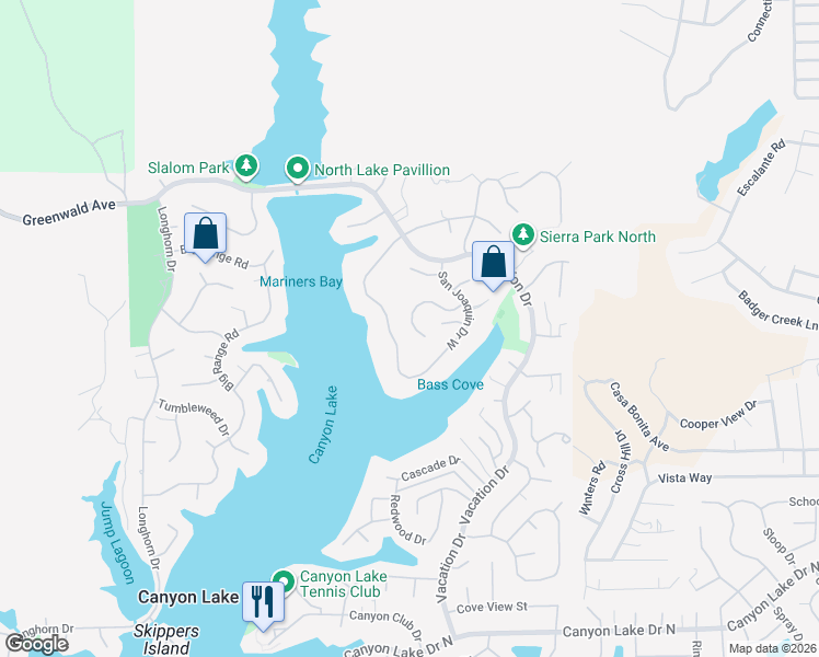 map of restaurants, bars, coffee shops, grocery stores, and more near 22564 Inspiration Point in Canyon Lake
