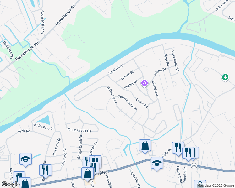 map of restaurants, bars, coffee shops, grocery stores, and more near 807 Luttie Road in Myrtle Beach