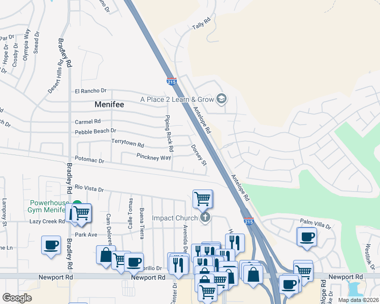 map of restaurants, bars, coffee shops, grocery stores, and more near 27578 Terrytown Road in Menifee