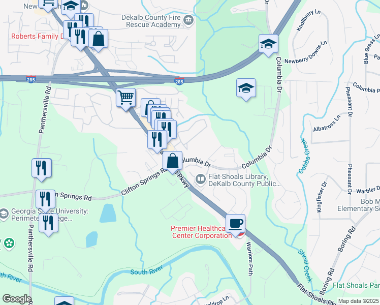map of restaurants, bars, coffee shops, grocery stores, and more near 2727 Vining Ridge Terrace in Decatur