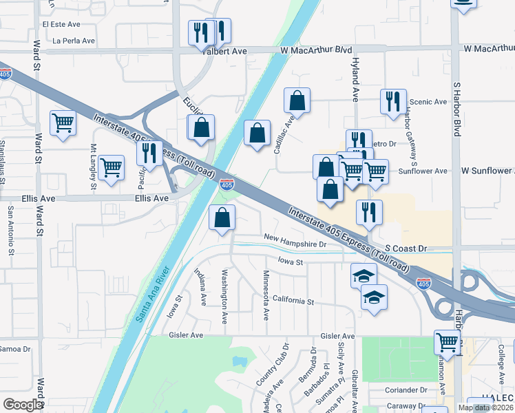 map of restaurants, bars, coffee shops, grocery stores, and more near 3344 Nevada Avenue in Costa Mesa