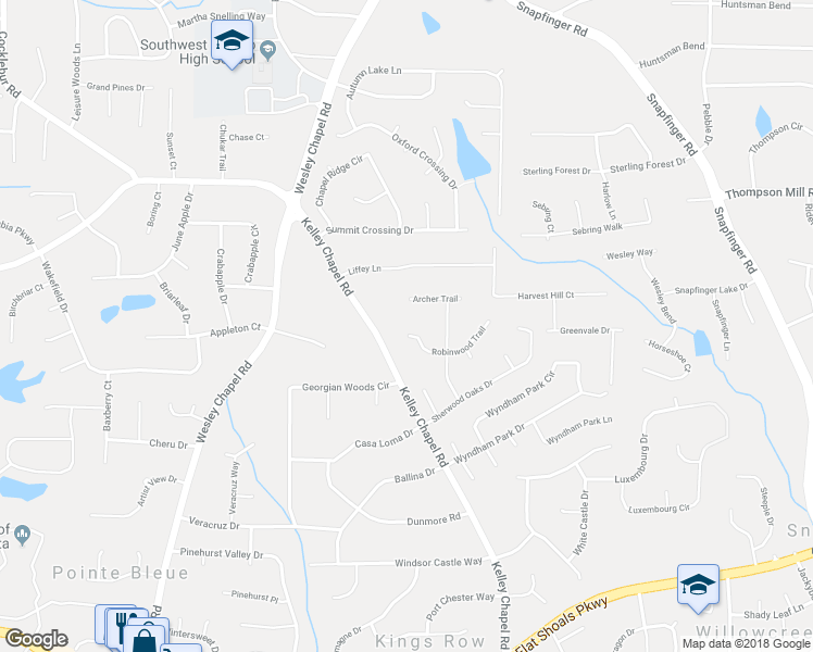 map of restaurants, bars, coffee shops, grocery stores, and more near 3183 Robinwood Trail in Decatur