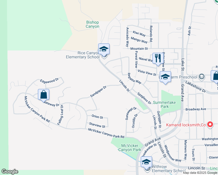 map of restaurants, bars, coffee shops, grocery stores, and more near 29224 Sandpiper Drive in Lake Elsinore