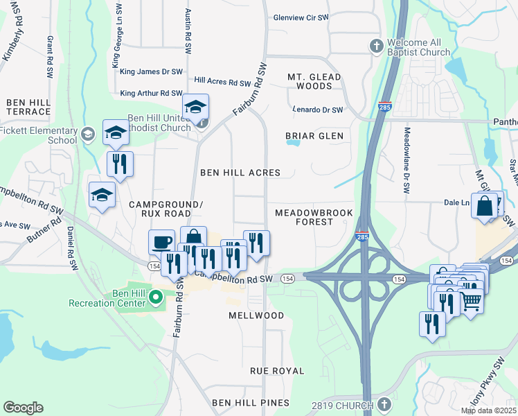 map of restaurants, bars, coffee shops, grocery stores, and more near 2263 Barge Road Southwest in Atlanta