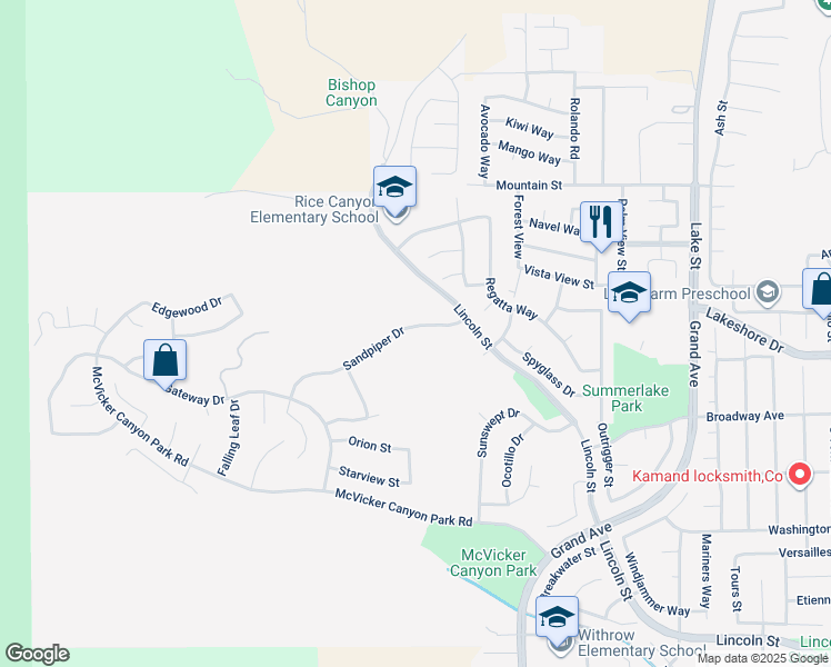 map of restaurants, bars, coffee shops, grocery stores, and more near 29224 Sandpiper Drive in Lake Elsinore