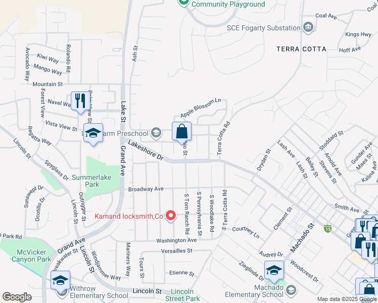 map of restaurants, bars, coffee shops, grocery stores, and more near 225 Ohio Street in Lake Elsinore