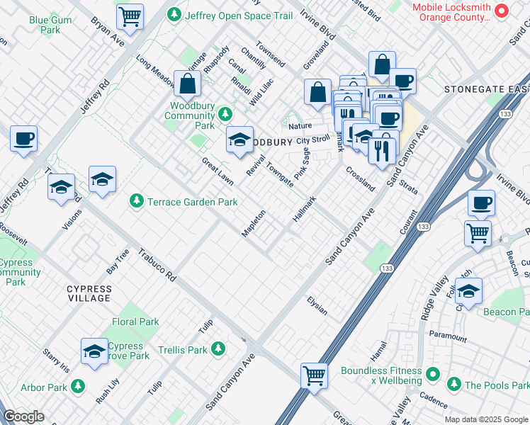 map of restaurants, bars, coffee shops, grocery stores, and more near 42 Plantation in Irvine