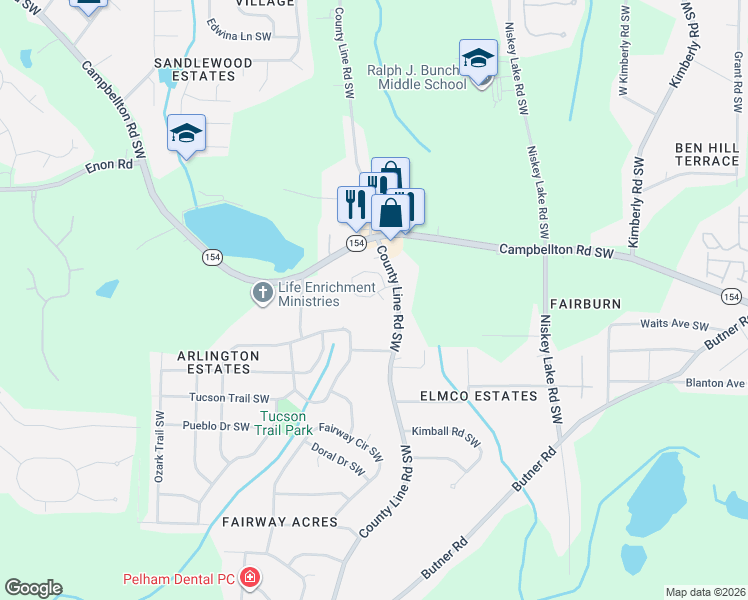 map of restaurants, bars, coffee shops, grocery stores, and more near 4287 Notting Hill Drive Southwest in Atlanta