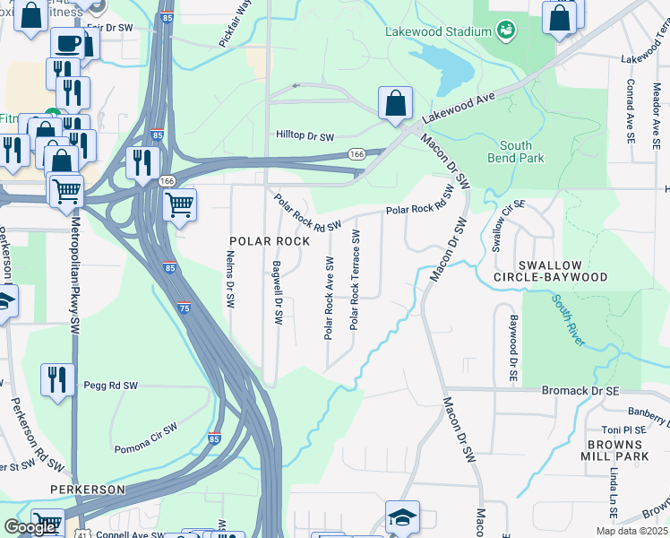 map of restaurants, bars, coffee shops, grocery stores, and more near 2224 Polar Rock Avenue Southwest in Atlanta