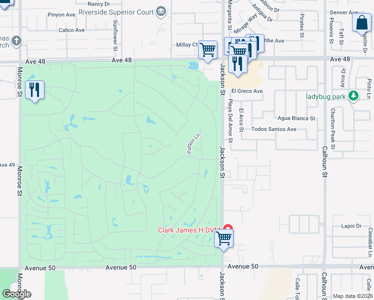 map of restaurants, bars, coffee shops, grocery stores, and more near 48893 Patton Lane in Indio