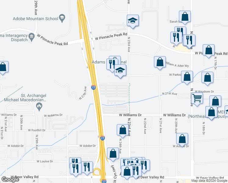 map of restaurants, bars, coffee shops, grocery stores, and more near 22701 North Black Canyon Highway in Phoenix