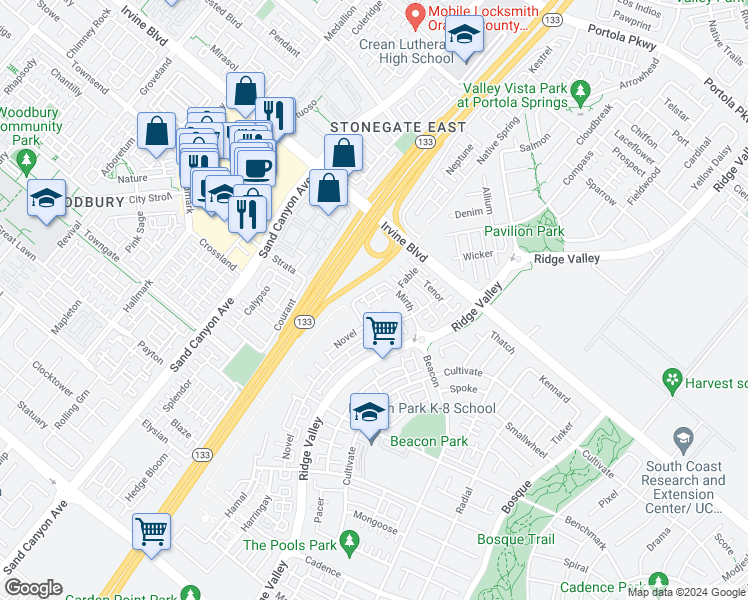 map of restaurants, bars, coffee shops, grocery stores, and more near 1124 Epic in Irvine