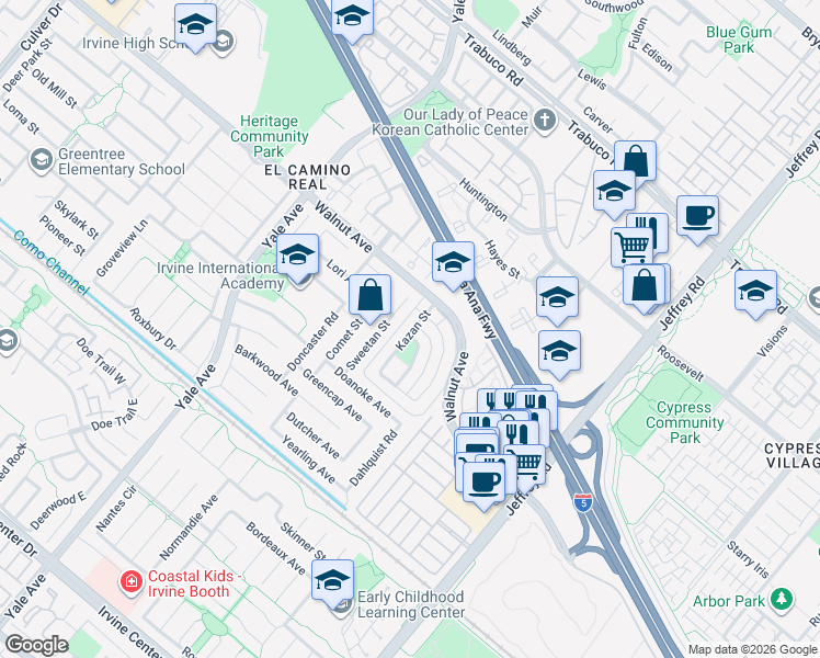 map of restaurants, bars, coffee shops, grocery stores, and more near in Irvine