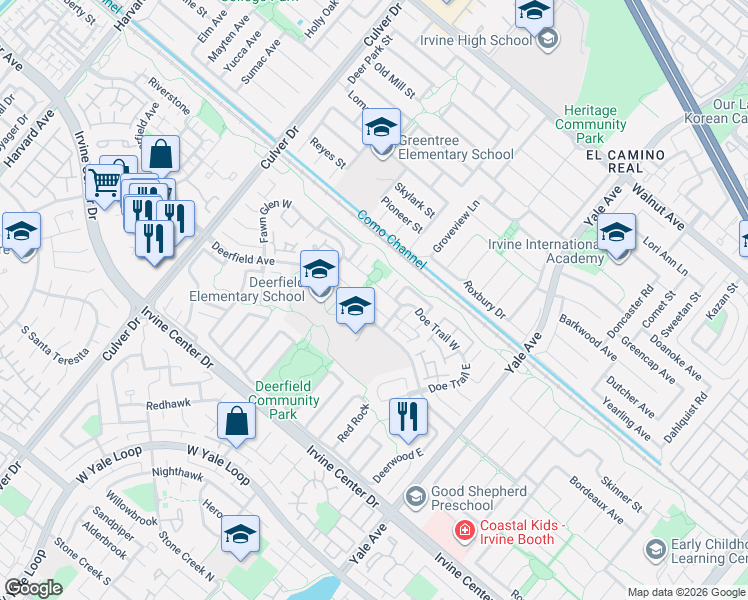 map of restaurants, bars, coffee shops, grocery stores, and more near 3 Deerfield Avenue in Irvine