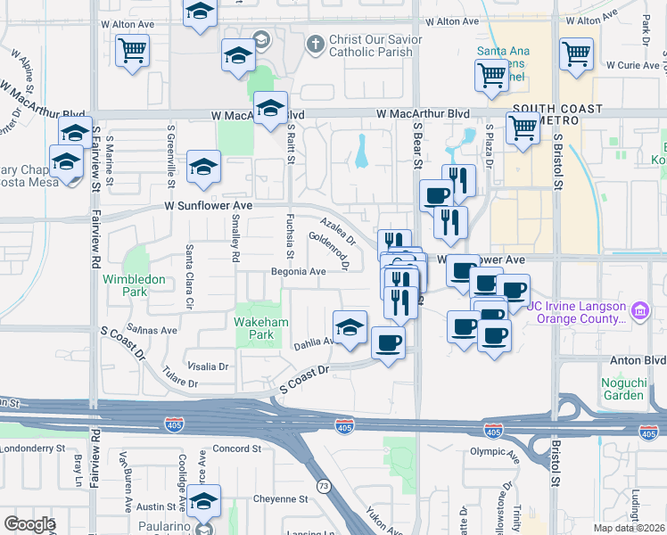 map of restaurants, bars, coffee shops, grocery stores, and more near 934 Goldenrod Drive in Costa Mesa