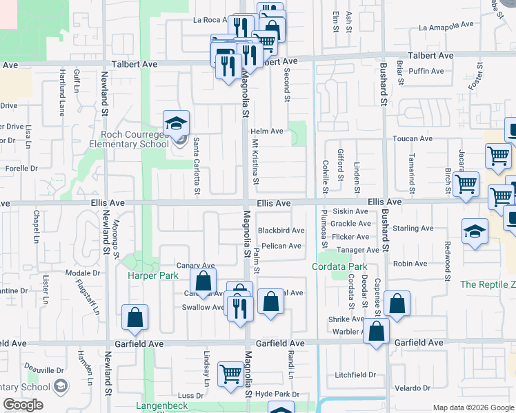 map of restaurants, bars, coffee shops, grocery stores, and more near 9068 McBride River Avenue in Fountain Valley