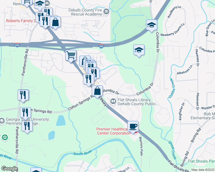 map of restaurants, bars, coffee shops, grocery stores, and more near 2727 Vining Ridge Terrace in Decatur