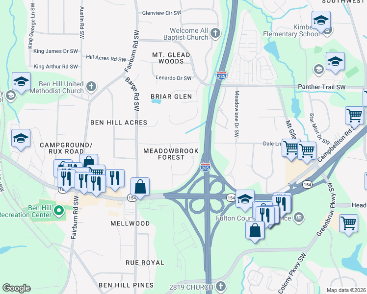 map of restaurants, bars, coffee shops, grocery stores, and more near 3473 Dale Lane Southwest in Atlanta