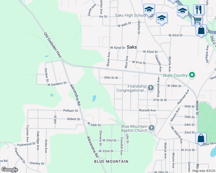 map of restaurants, bars, coffee shops, grocery stores, and more near 729 West 38th Street in Anniston