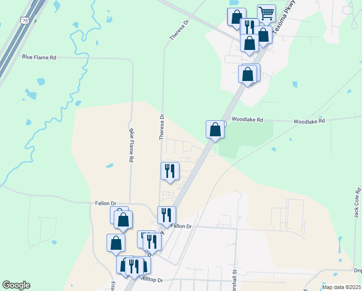 map of restaurants, bars, coffee shops, grocery stores, and more near 5700 Texoma Parkway in Sherman