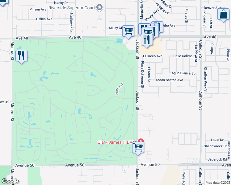 map of restaurants, bars, coffee shops, grocery stores, and more near 48893 Patton Lane in Indio